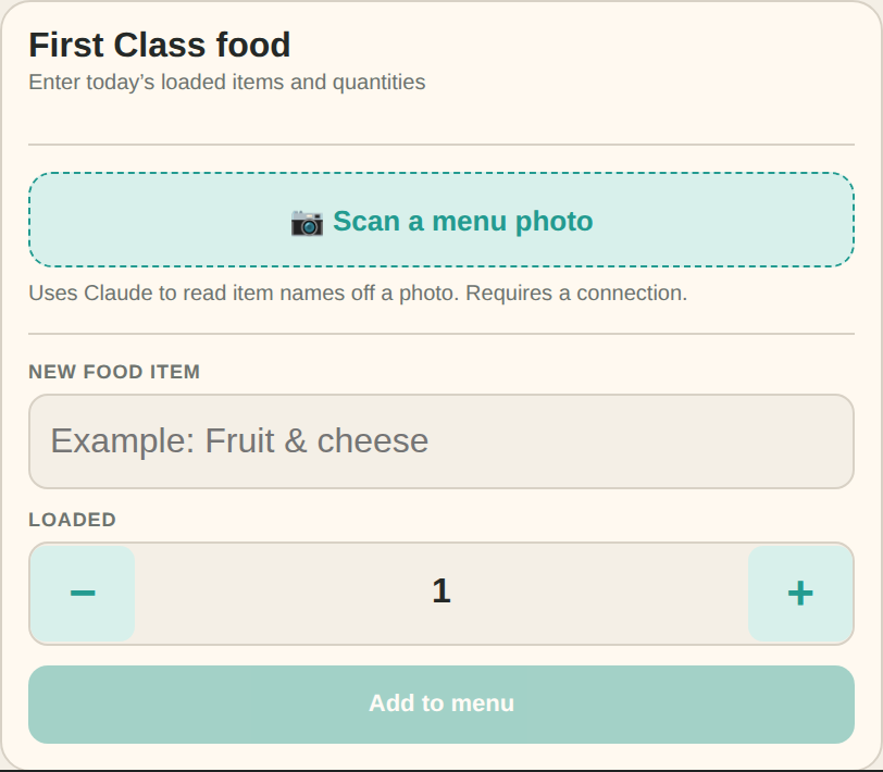 First Class food setup screen with the Scan a menu photo button
