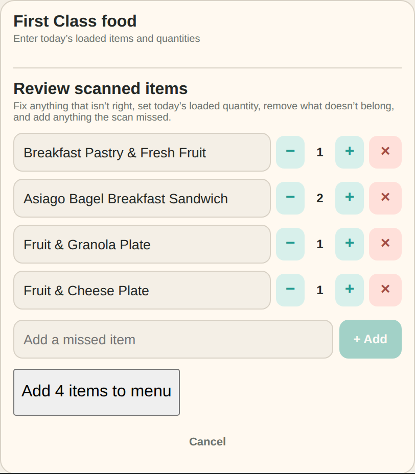 Review scanned items screen with a quantity stepper and remove button for each item